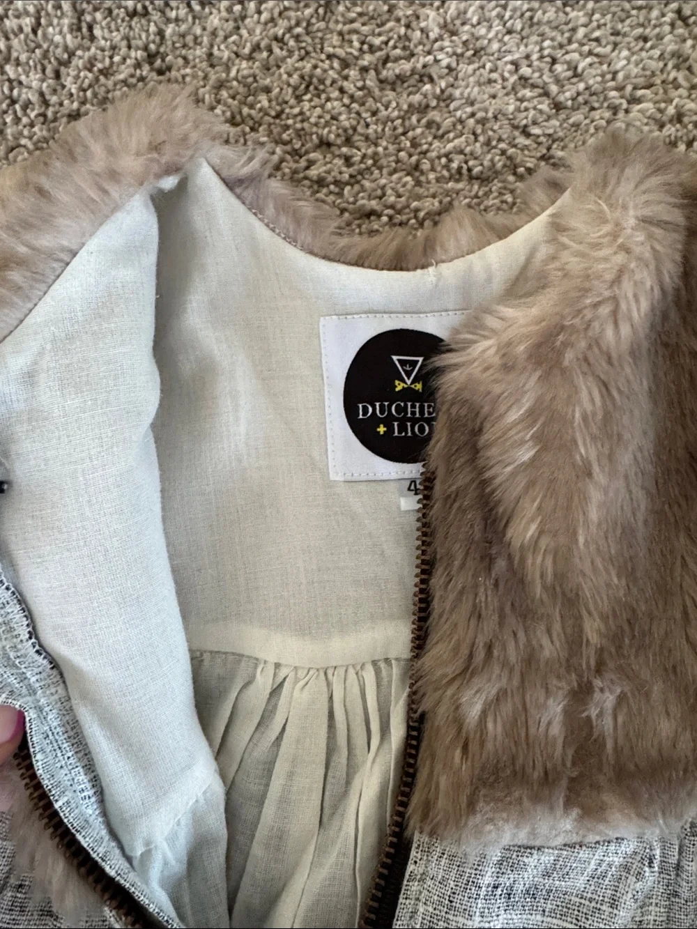 Girls Gray Tweed Dress with Faux Fur Collar